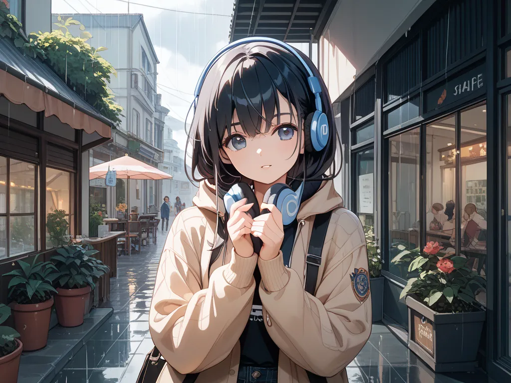 hidden hair、long black hair、headphones、rain、Cafe、anime
