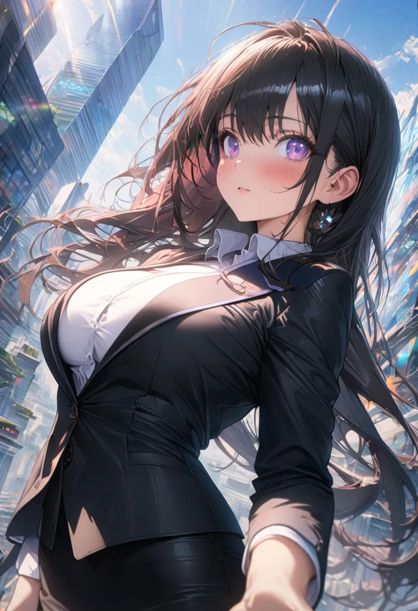 1girl, medium shot angle, upper body, looking up the sky with sunlight, cyber city, Digital painting, kawaii anime, purple eyes, beautiful breasts, tailored business suit, fitted blazer, pencil skirt, white blouse, (masterpiece, best quality, very aestheti...