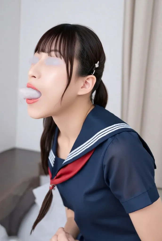   in a high-resolution photo of a Japanese female idol 、lean forward、emphasis on bust, alone,  1 girl,  sailor suit with straight long black hair ,  focus on her face ,  face up ,  looking at the camera ,  pale skin,  detailed face,  detail eyes,   seducti...