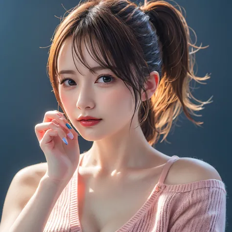 1 girl, alone, 8K wallpaper,white shirt,black cardigan,Pink Plaid Mini Skirt ,full body, masterpiece, top quality, realistic,  hyper details,  looking at the camera,viewers, ((blonde hair)),((short ponytail)), brown eyes, thin, design image sung by an extr...