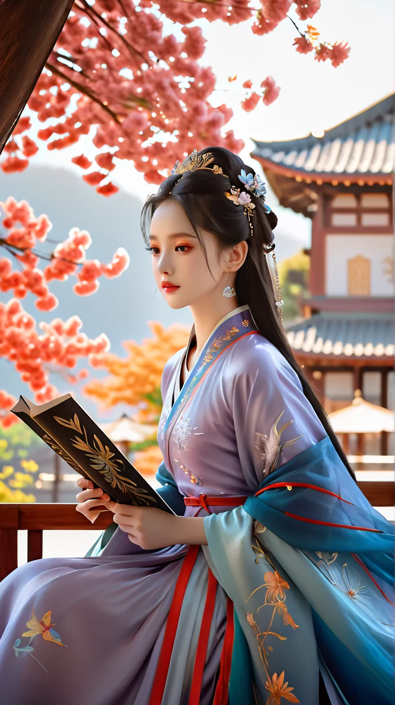 Dunhuang art style, Extremely long-distance lens, highest quality、masterpiece、超High resolution、(realistic:1.3)、RAW Photos,A beautiful girl, Perfect face, Pretty Face, Wearing traditional  dress, Zen style, Bright Star, Light and Shadow, Ancient White, epic...