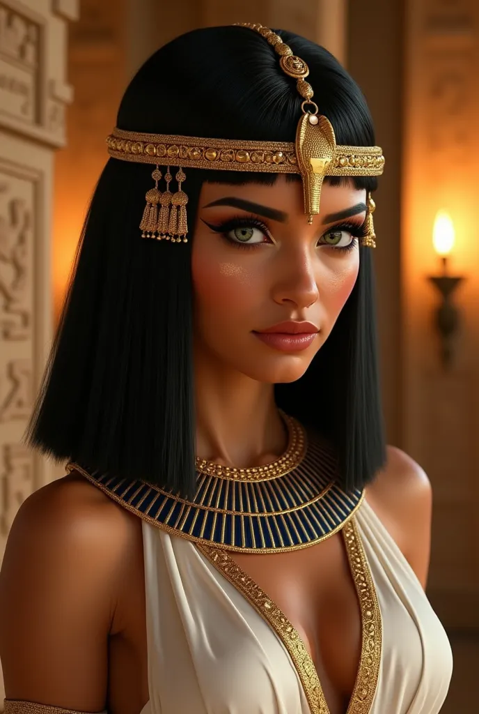 A stunningly realistic portrait of an Egyptian woman inspired by Cleopatra, with striking almond-shaped green eyes, deep black kohl eyeliner, and golden accessories. She has smooth bronze skin, high cheekbones, and full lips painted a deep red. Her jet-bla...