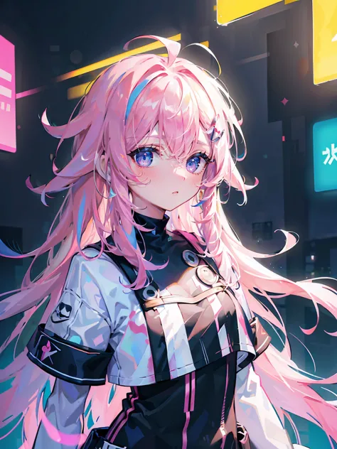 ((masterpiece)), (alone),( dynamic angle),album, (mistake), ( 1girl :1.3), Pink Hair ,  long hair, ( alone:1.2),(nice looking face),(++++ (exquisite eyes)), medium bust,(painting), ((messy hair),  Colored Hair , striped hair),night, (neon lights), light sm...