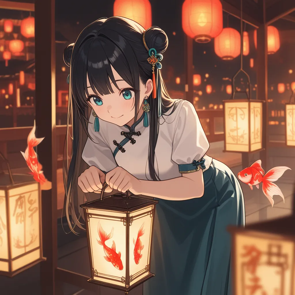  1 girl, alone,  long hair,  blue eyes,     black hair,    Aqua Eyes,  happy,  closed his mouth, small ,  hair bun,   double bang , , Blunt Bang,   object , looking at  lantern, holding  lantern, bend over,   shirt,  Flat{x}honny {x} skirt humili ,   Long ...