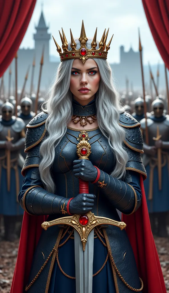 Book cover "Rejected Princess" By author "Andréa D. Silva" , a majestic warrior with long silver hair, with intense red eyes and a determined look. She wears dark blue armor richly decorated with gold details and red jewelry. In the head, wears a crown orn...