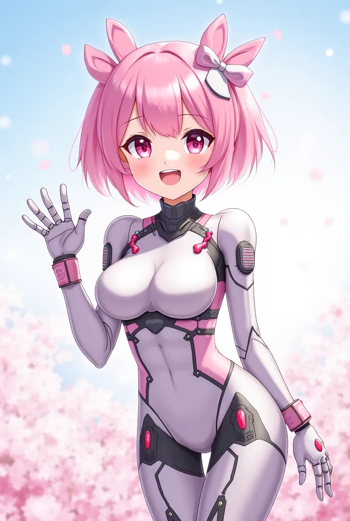 beautiful anime-style female character with short pink hair, blending a futuristic and cute aesthetic. She has a robotic yet elegant look, with accessories like ribbons and soft sci-fi elements. She is in a cheerful pose, waving with one hand, expressing a...