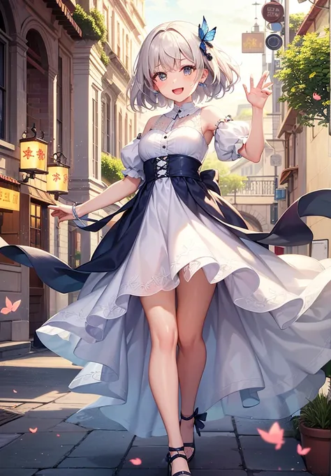 A cheerful and lively anime girl with sparkling, excited eyes and an infectious, radiant smile. Her fair skin glows in the warm sunlight, giving her a pure and youthful charm. She has short, fluffy white hair, slightly tousled, adding to her playful look. ...