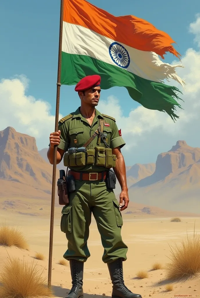 A soldier in a green uniform and a red beret stands in front of a tattered Indian flag, holding the flagpole with his right hand. The soldier is standing in a desert landscape, with mountains in the background. The soldier is looking straight ahead, with a...