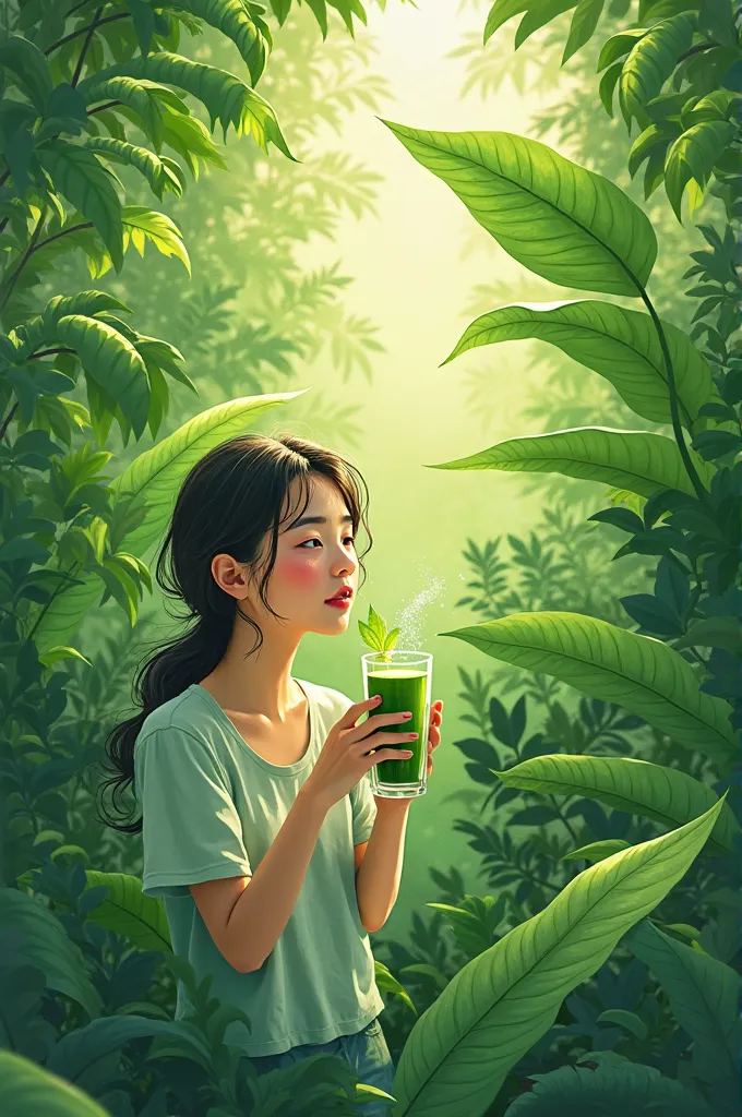 "Create an illustration of green Yanang leaves (Tiliacora triandra) in a natural setting. The image should highlight the health benefits of Yanang, showing its connection to lowering blood pressure and regulating blood sugar. Include a glass of green Yanan...