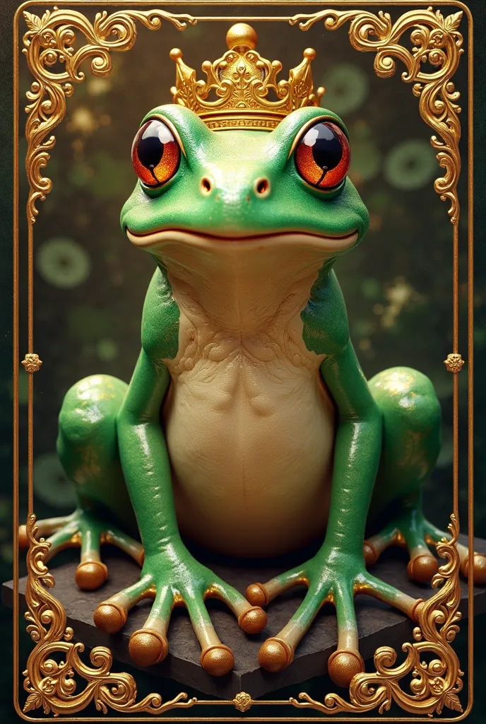 A gold playing card with the image of a frog