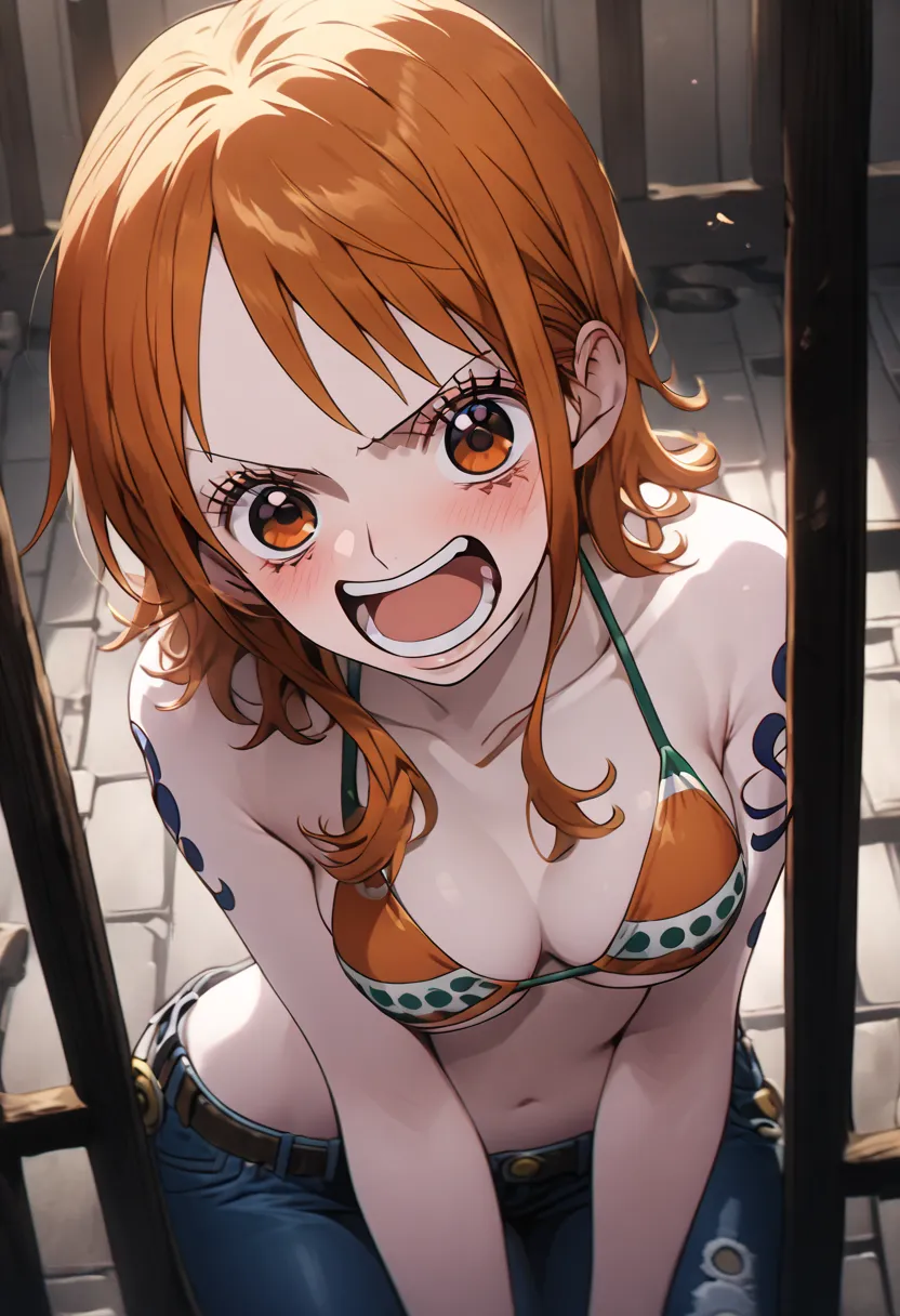 Nami from One Piece,orange long-haired woman, orange eyes ,White skin, Bikini, Jeans ,Shocked expression,Prison cell,look at the viewer