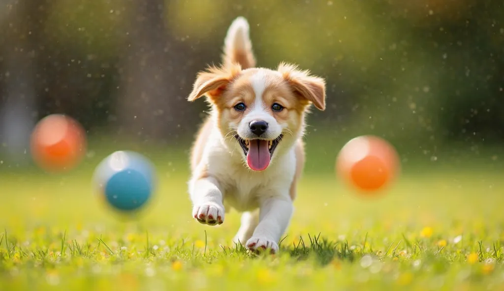 "A happy, energetic puppy dashing across a sunny park, its tongue hanging out in excitement. The pup’s tail is wagging, and its paws are kicking up tiny tufts of grass. A few colorful balls and playful ren are in the background, adding to the fun-filled sc...