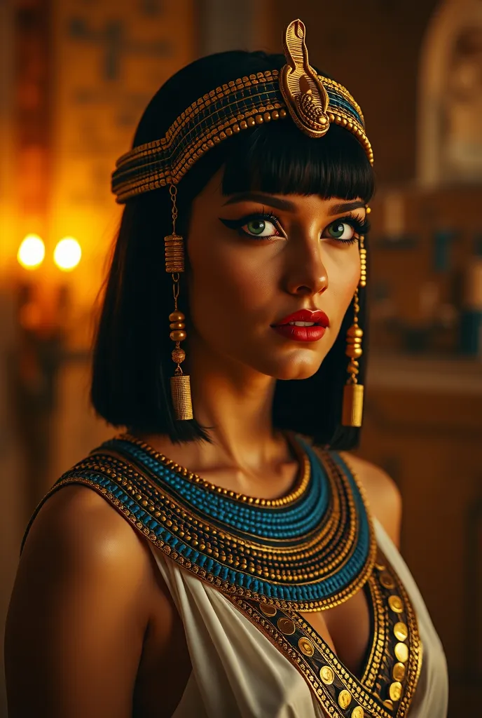 A stunningly realistic portrait of an Egyptian woman inspired by Cleopatra, with striking almond-shaped green eyes, deep black kohl eyeliner, and golden accessories. She has smooth bronze skin, high cheekbones, and full lips painted a deep red. Her jet-bla...