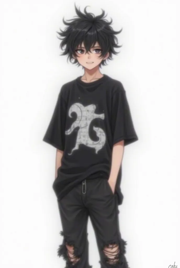 An anime-style boy with messy, curly black hair, with an oversized black t-shirt with a gothic print in white, with a thin but defined body. He is standing, looking in front of the camera with an expression of high self-esteem, his sad and empty look. loos...