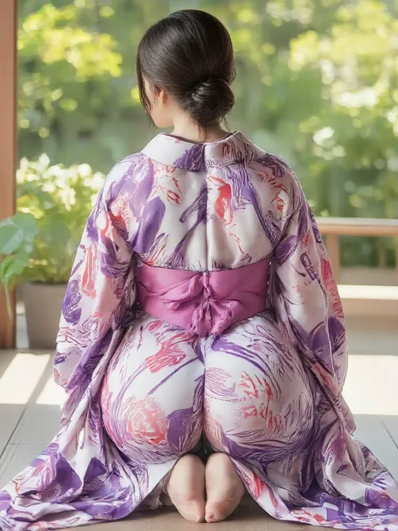 photorealistic,High Resolution,1 woman,Alone, hip lift, dark hair,Gradation hair with light purple tips, Japanese Clothes,purple yaguri pattern kimono,chignon hair, Uri, BIG ASS ,Beautiful Skin Thighs,back view,lift kimono,gorgeous Japanese garden backgrou...