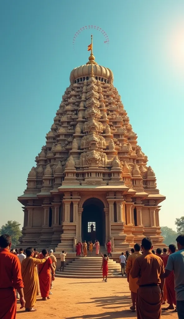 "A grand, ancient temple in Tamil Nadu, India, standing under a bright blue sky. The intricately carved dome is highlighted, but mysteriously, it casts no shadow on the ground despite the strong sunlight. A red circle emphasizes the missing shadow, adding ...