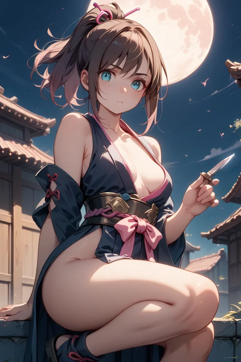 cute face、Kizuna Ai、simple black costume、Hakama、stumbling、Armor piercing、black ponytail、Bo Jin、and open your chest、highlight breasts、Tile roof、 on the roof、 get down on one knee、place one hand on the ground、Bend one knee、less exposure、front、full moon night...