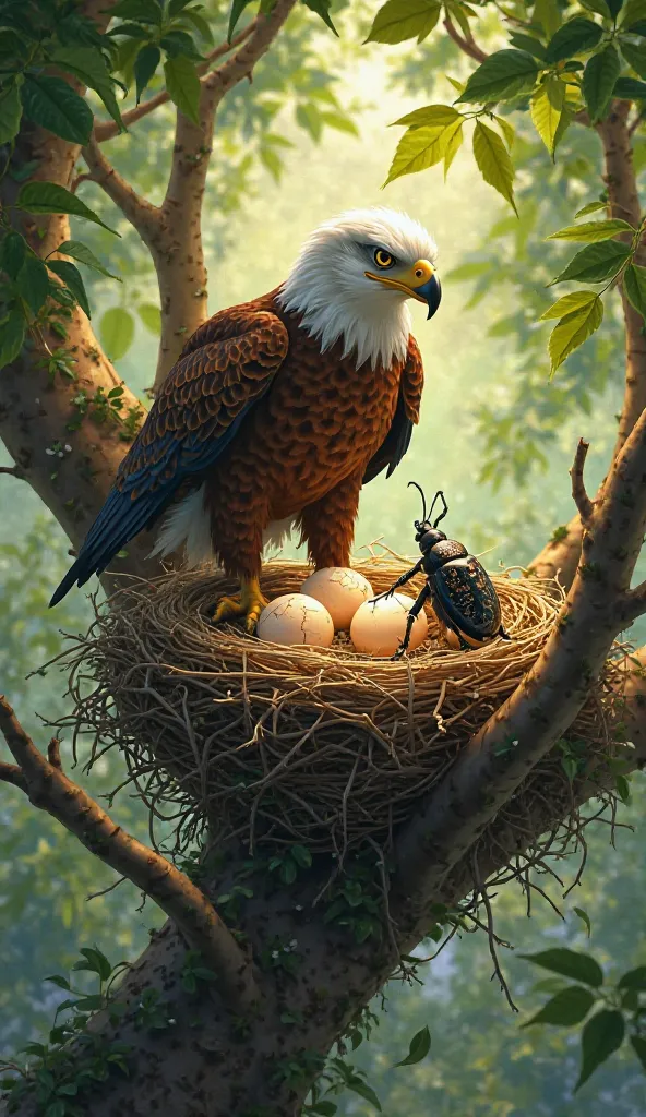 Eagle in its nest with eggs in a tree and a beetle underneath cracked its eggs hidden, Disney pixar style 