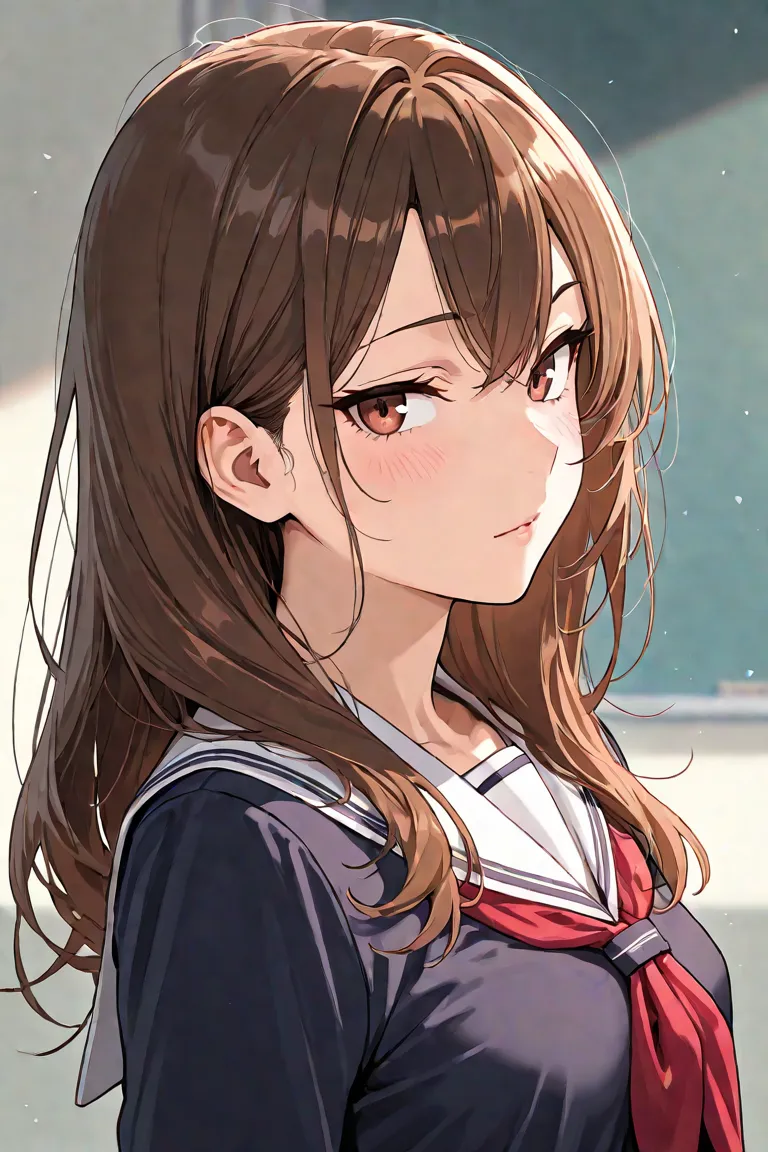 mature female,｛｛tsurime｝｝, shoulder-length hair、brown hair, small breasts, school uniform