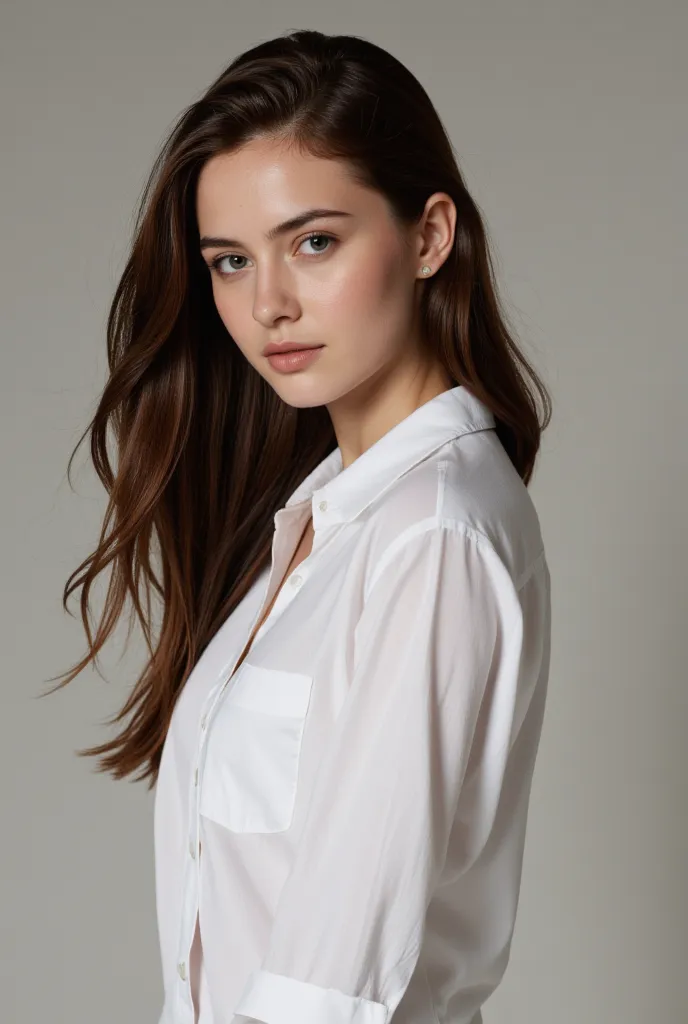 Photo of young woman,in white Button shirt, posing, long hair, photograph, detailed, high quality 