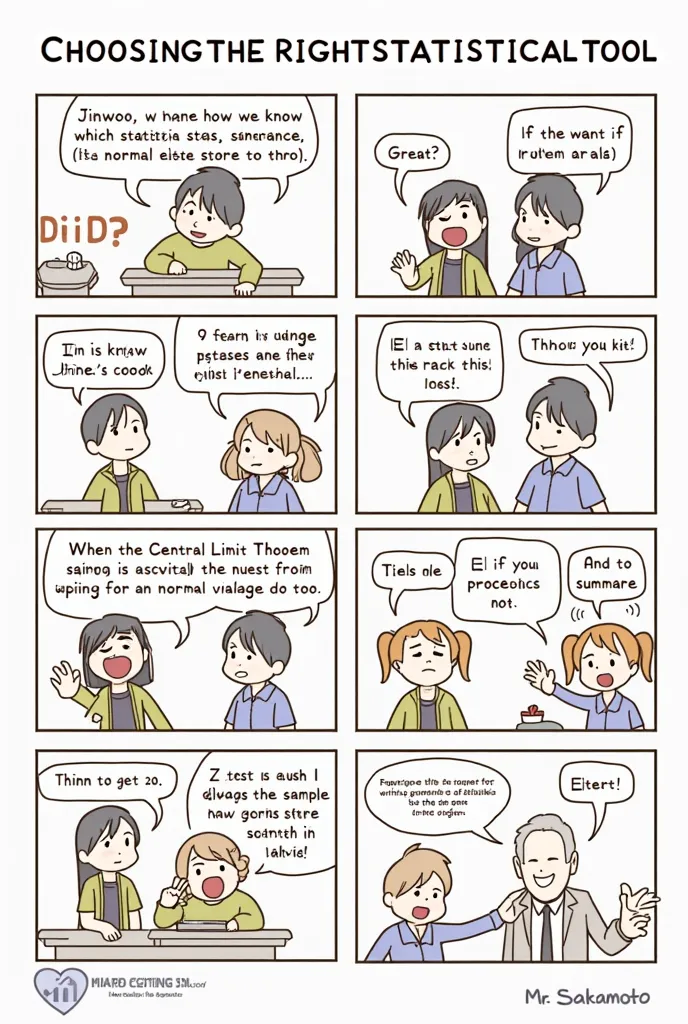 comic strip

Title: "Choosing the Right Statistical Tool"

Characters:

Jinwoo – A curious student

Mr. Sakamoto – The math teacher

Hina – A diligent student

Taiki – A skeptical student



---

Panel 1 (Classroom Setting)

Jinwoo: "Mr. Sakamoto, how do w...