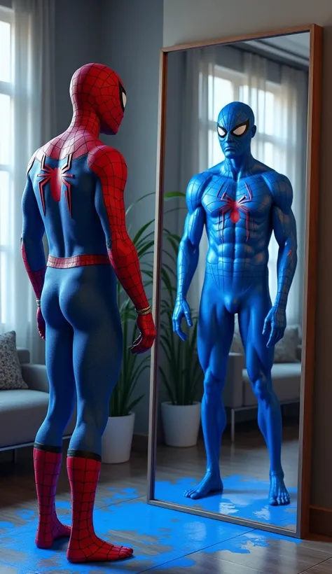 A highly detailed 3D-style scene of Spider-Man standing in front of a mirror in his home, completely covered in bright blue paint. His athletic and well-defined physique is visible, but his classic red and blue suit is now entirely stained, making him look...