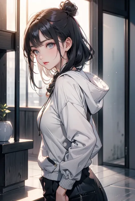 twin bun hairstyle with long hair, black hair, grey eyes, small breasts, hoodie light grey 