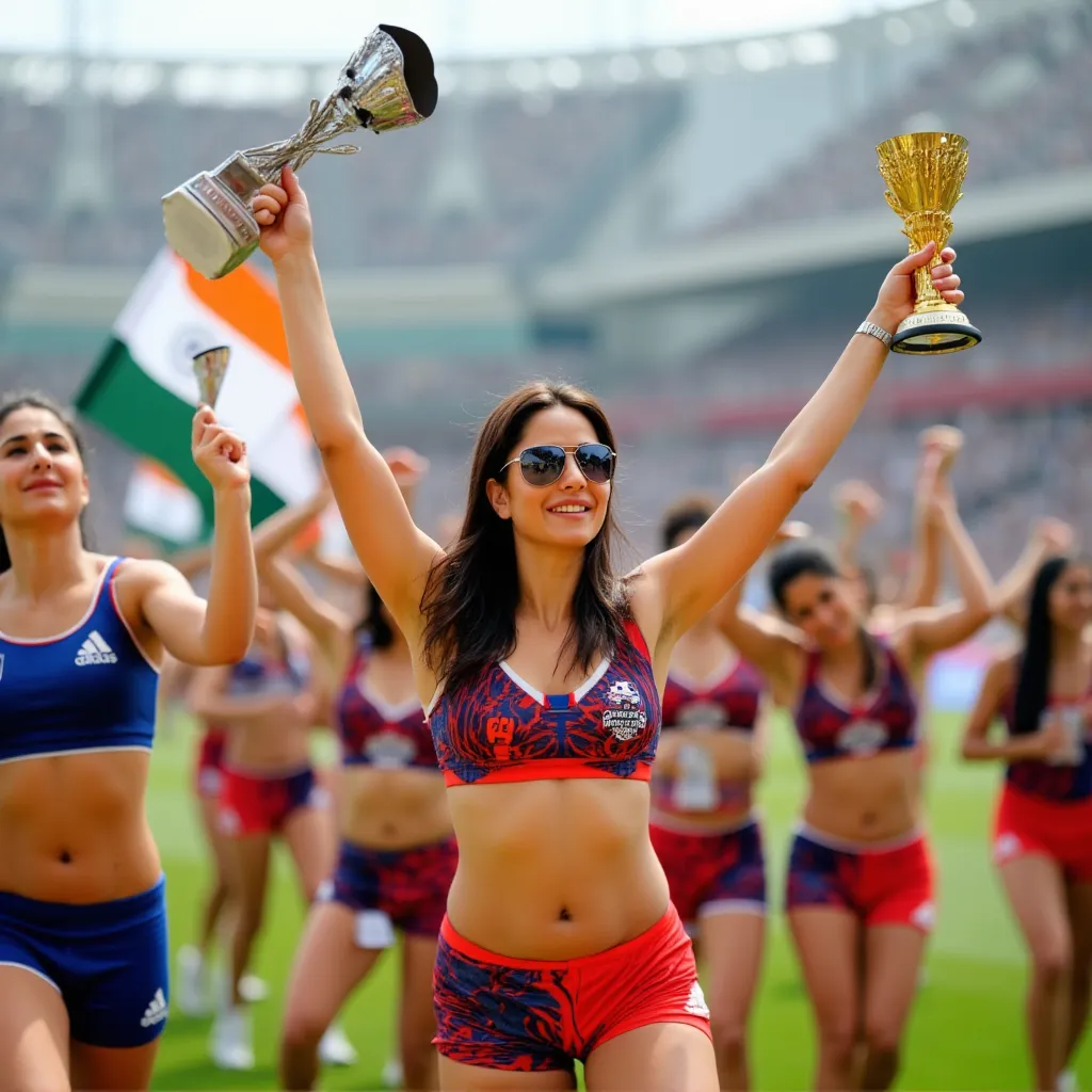 Katrinakaif in dubai cricket stadium celebrating india's champions trophy win with the indian cricket team, wearing just booty shorts and sports bra and having the victory march with the team