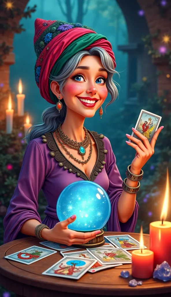  A middle aged woman with a mystical and playful appearance ,  wearing esoteric clothes and a colorful turban . It has a modern style ,  but with a touch of a traditional fortune teller . His face is expressive and friendly,  with an enigmatic smile .  She...