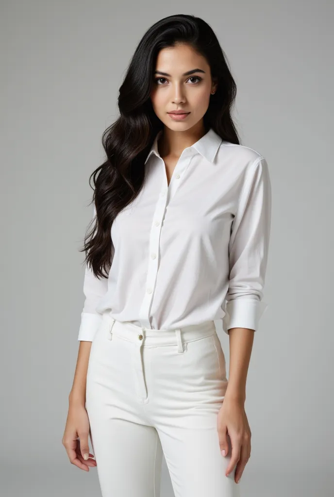 Photo of young woman,in white Button shirt, pants, posing, long black hair, photograph, detailed, high quality 