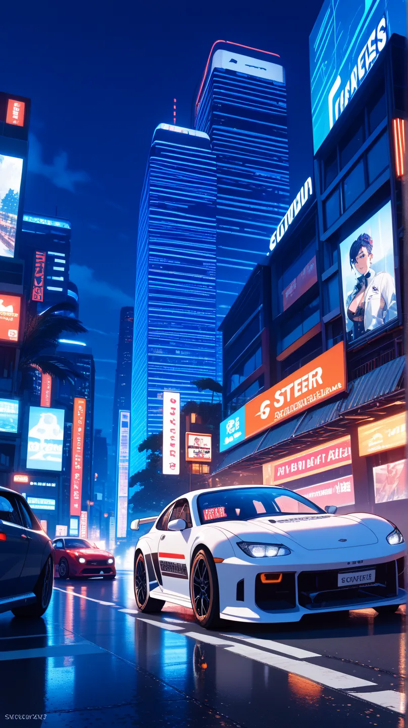 A high-speed street race through the neon-lit backstreets of Shinjuku, Tokyo. The wet asphalt reflects the vibrant city lights, as three racing cars—Nissan GT-R R34, Subaru WRX STI, and Subaru Levorg—drift around sharp corners at extreme speeds. The camera...