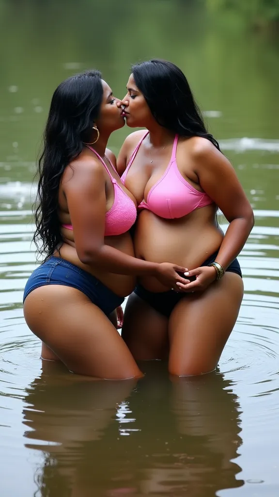 Two kerala mallu plus size women bathing in a river , both are wearing pink bra and dark blue panties. Long and thick thighs, long black hair 30 years  old. One woman kissing on other woman's  navel . Curvy hip