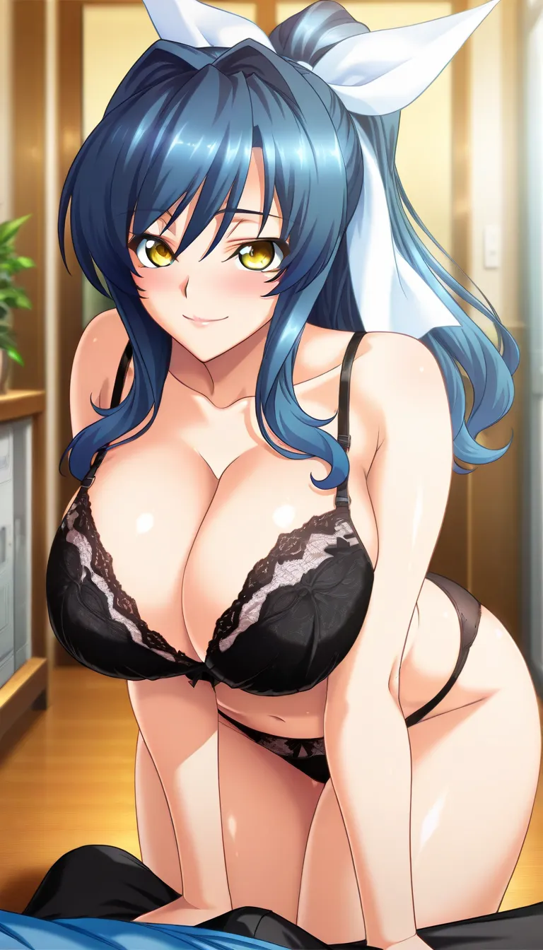 masterpiece, best quality, good quality, 1girl, yuuna hagiura, mature, yellow eyes, blue hair, hair intakes, long hair, ponytail, white ribbon, hair ribbon, game cg style, blush, horny, slutty, smile,bra, lace, panties
