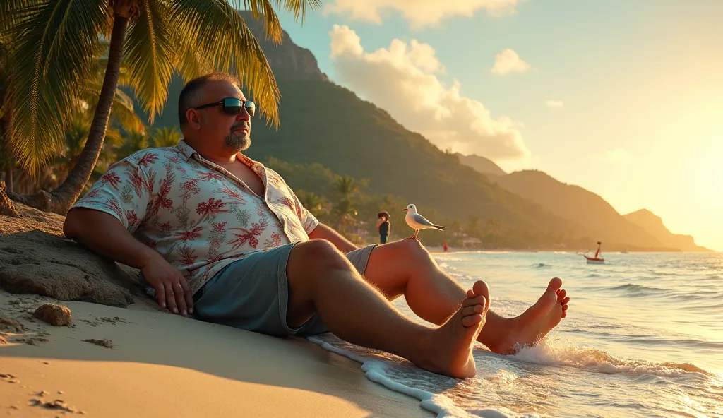 

*"A colossal human figure, the size of a mountain, sits comfortably on a small tropical island, his presence dominating the entire landscape. He wears casual, loose-fitting loungewear—an oversized Hawaiian shirt and soft shorts—while reclining lazily on ...