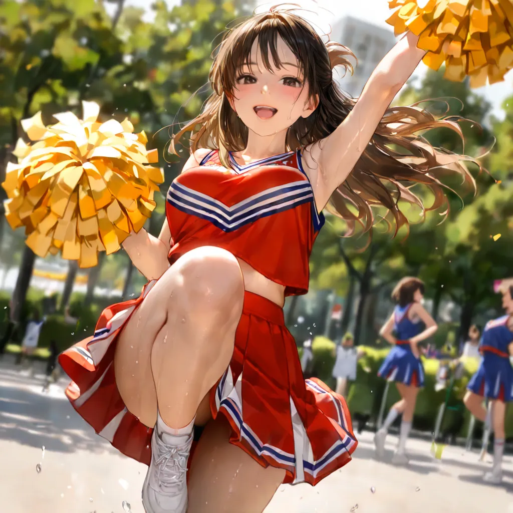 (masterpiece, best quality, ultra detailed, realistic), 1 girl, Fair-skinned, blush, brown half updo, dark-brown eyes, cute face, large breast, smile, open mouth, (cheerleader, {cowboy shot, dancing, one knee up, standing on one leg|full body, jumping}), p...