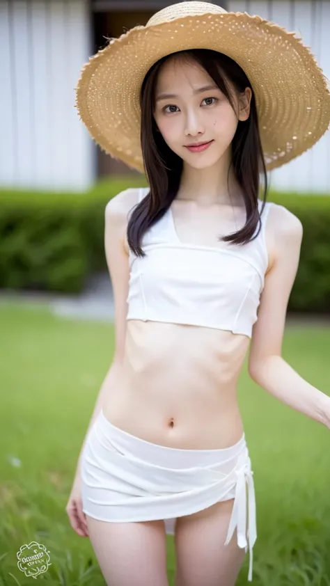  Incredibly beautiful Japanese women, Matsui Reina, junior high school, (  best quality  , 8k,  masterpiece :1.3),  masterpiece,   best quality  ,   skirt flip,    white panties  ,  sexy summer dress and straw hat