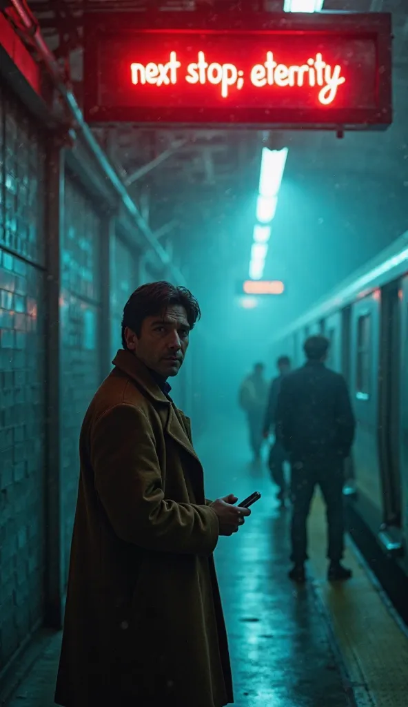 A cinematic, neon-noir scene in a misty subway station at night. A 40-year-old man with black hair and a long brown coat stands facing the camera, holding a smartphone in one hand while looking straight ahead with a serious, contemplative expression. The p...