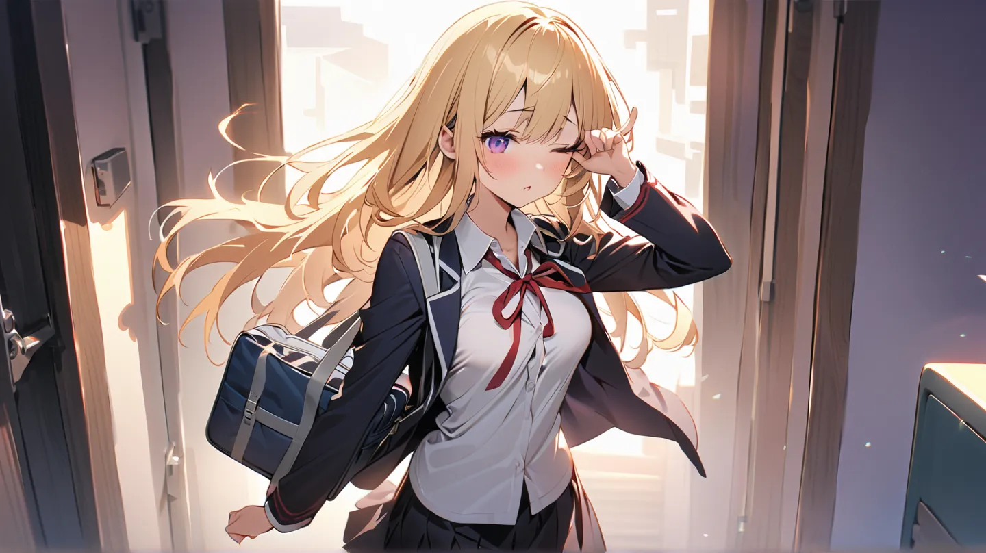 1 girl, alone, solo,
((top quality、High Resolution、very detailed 8K wallpaper))

purple eyes, (long hair,blonde hair),medium boobs,

high school girl in uniform、walking slowly while rubbing my eyes。While hiding my yawn with one hand、I have a sleepy express...