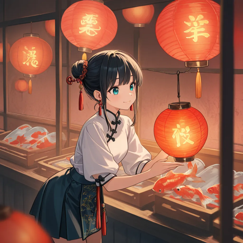  1 girl, alone,  long hair,  blue eyes,     black hair,    Aqua Eyes,  happy,  closed his mouth, small ,  hair bun,   double bang , , Blunt Bang,   object , looking at  lantern, holding  lantern, bend over,   shirt,  Flat{x}honny {x} skirt humili ,   Long ...