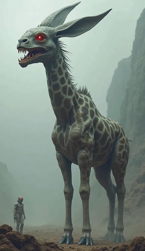 giraffe with a head of rabbit, sharp teeth smiling, red eyes, titan look