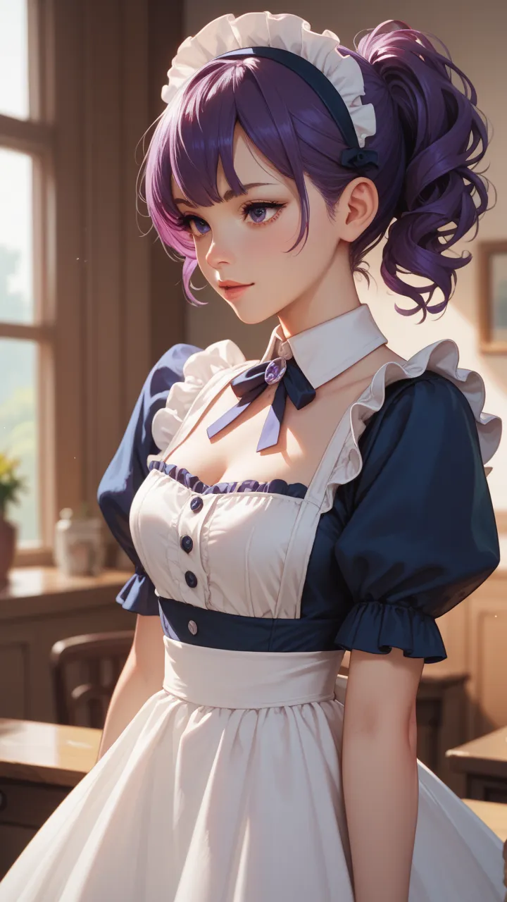 hidden hair, shortcuts, Purple Hair, smiles, anime風, anime, chest,
 in the woods　maid clothes