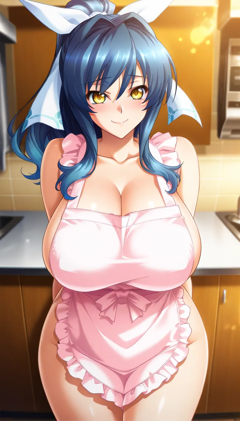 masterpiece, best quality, good quality, 1girl, yuuna hagiura, mature, yellow eyes, blue hair, hair intakes, long hair, ponytail, white ribbon, hair ribbon, game cg style, blush, horny, slutty, smile, naked apron
