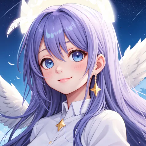 (masterpiece:1.4, best quality:1.3, highly detailed:1.2), (beautiful anime girl:1.5, angel theme:1.4), (blue-purple gradient hair:1.3, medium length hair:1.2), (bright blue eyes:1.3, gentle smile:1.3), angel wings:1.4, white and gold outfit:1.3, celestial ...