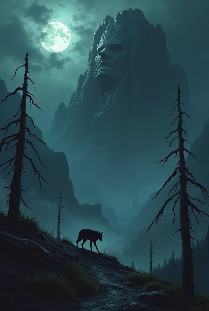 Seen from the top of a dark rocky mountain, It&#39;s night, the trees are dry and broken, a small wolf is among the fallen trees, In the dark sky , a monster's face appears in the dark clouds