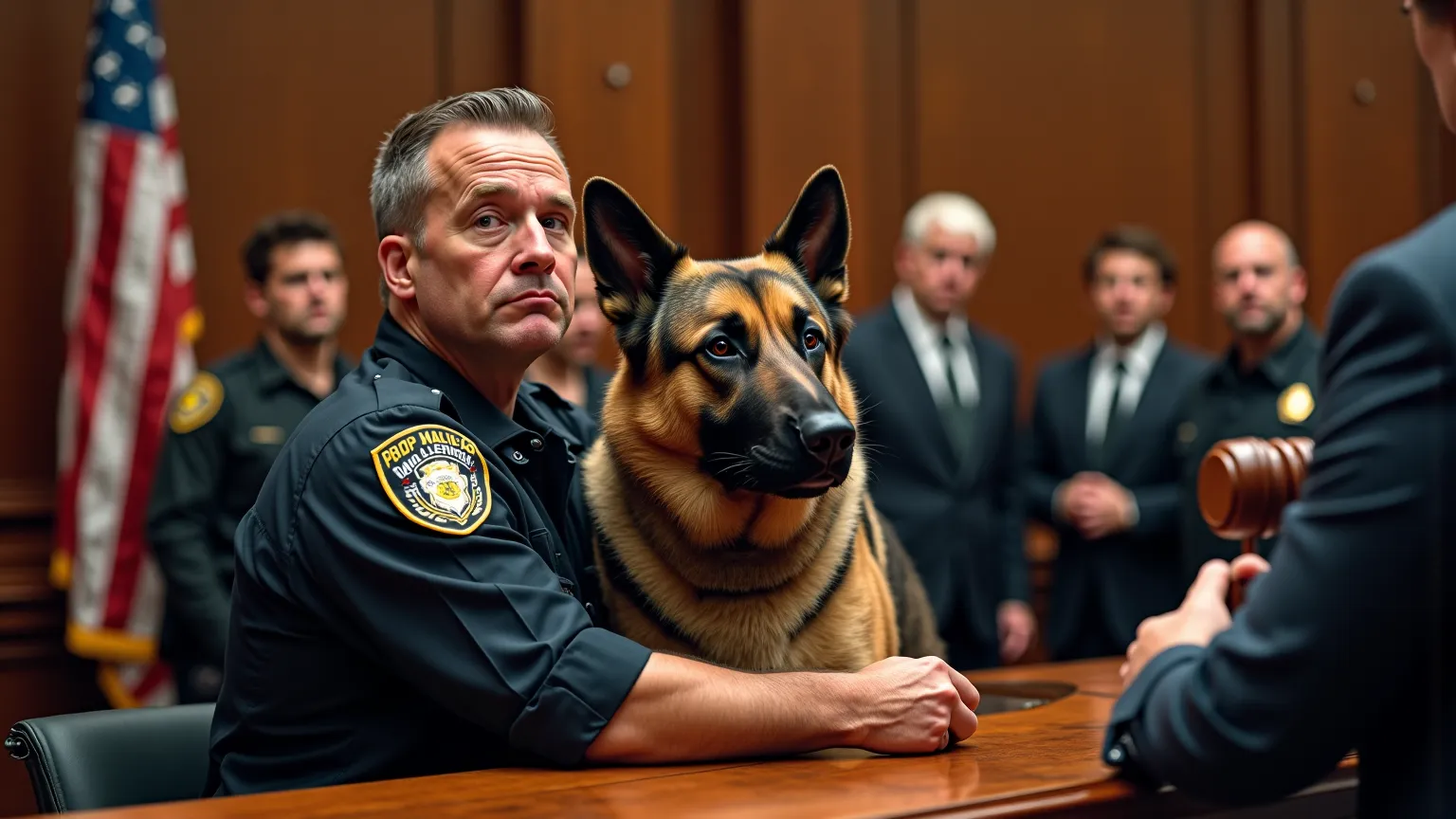 ultrarealism. Maximum quality and detail. , you need to portray an American court. There's a former police officer sitting behind the dock. he is dressed in a police uniform. he cries , there are tears in his eyes. Next to this police officer is his K9 dog...