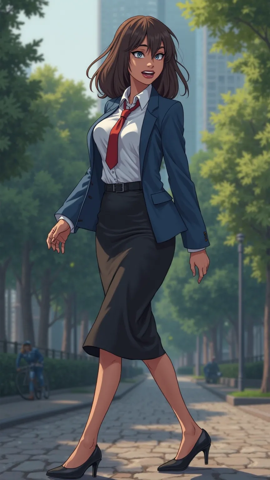 Anime style.  Woman 30 years old,  Beautiful. Dressed in a white shirt, black skirt and blue jacket with tie. beautiful figure. Side view of the body, goes sideways. A very evil and cunning face. Background blurred city park. horizontal format. Full height...