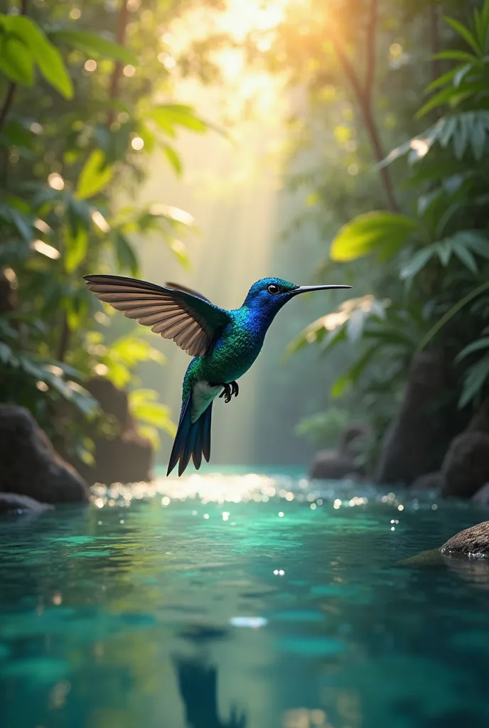 luminous indigo blue and deep teal hummingbird, iridescent feathers shimmering in soft golden light, hovering in mid-air, lush green rainforest, early morning light, crystal-clear droplet of water clinging to end of beak, serene river below, dense jungle c...