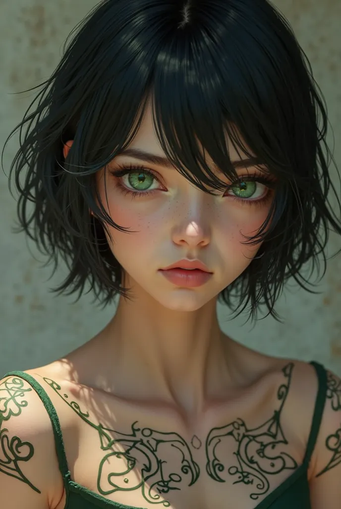 high quality, 8K Ultra HD, short hair, chin length hair, black hair, green eyes, expressive eyes, young, , runic markings, runic markings down shoulders, female, girl, 1 girl, 1 female, feminine