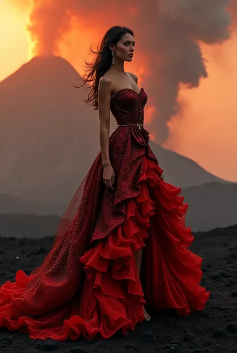 An supermodel wearing a volcano inspired dress