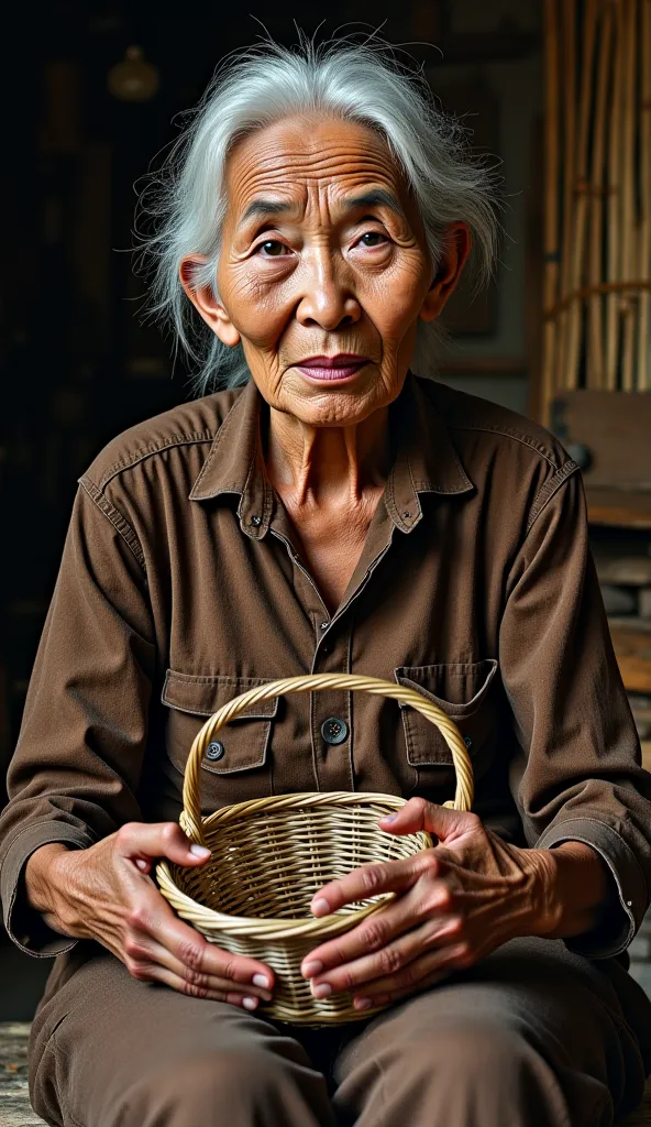 Painting of 60-year-old Indonesian old woman with deep eyes, white hair, wearing shabby kebaya and brown batik jarik, holding sitting holding bamboo wicker basket, surrounded by mystical atmosphere with dark light, Include subtle details such as small arti...